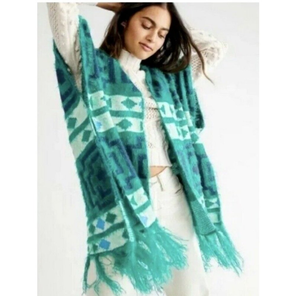 Free People Diamondback Cozy Kimono Boho Sweater Cardigan Green